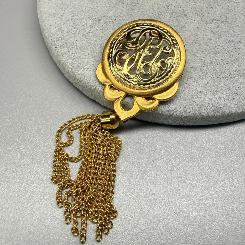 Vintage Gold‎ Tone Monogram Brooch with Tassel